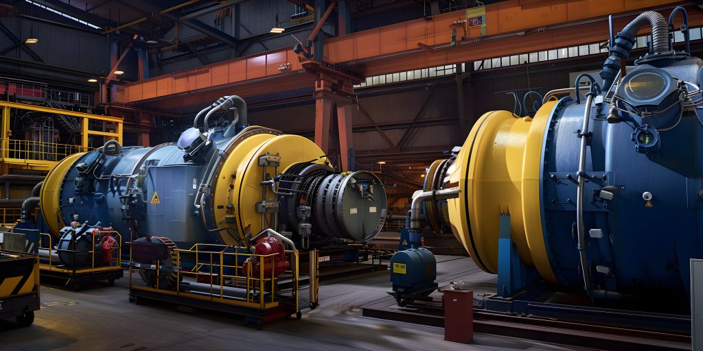 Banhos de proteção em peças metálicas: Grandes máquinas industriais, incluindo turbinas amarelas e outros equipamentos, em uma fábrica ou usina.