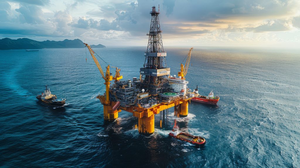 Condições climáticas nas superfícies de plataformas de petróleo: Uma plataforma de petróleo offshore com uma torre de perfuração alta, cercada por água. A plataforma tem vários guindastes e é apoiada por grandes pilares amarelos. Dois barcos estão próximos, um é um rebocador. O céu está parcialmente nublado com um brilho do pôr do sol refletindo na água