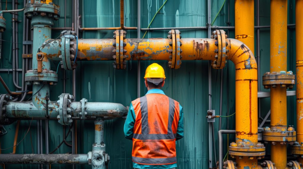 Revestimentos anticorrosivos e segurança na indústria: Um trabalhador do sexo masculino, usando um capacete amarelo e um colete de segurança laranja, está de frente para um grande sistema de tubulação industrial. O fundo apresenta painéis azul-esverdeados e vários canos, incluindo um cano amarelo proeminente com ferrugem e desgaste visíveis. O trabalhador parece estar inspecionando o equipamento.