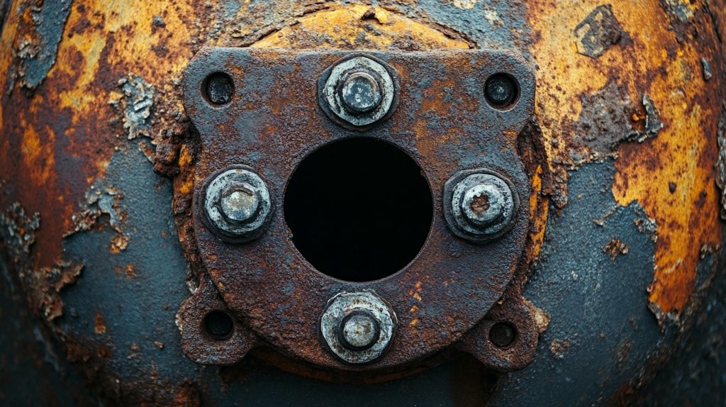 Peça industrial com sinais de corrosão avançada devido à falta de tratamento de superfície